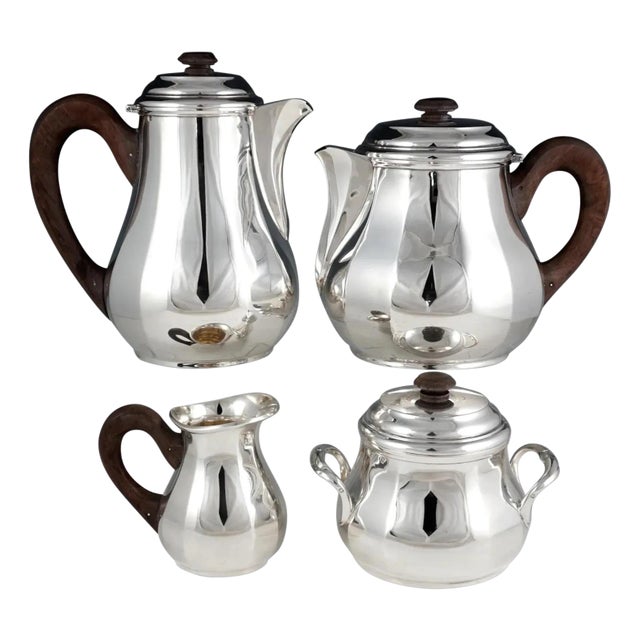 Early 20th Century Art Deco French Sterling Silver 4 Piece Tea / Coffee Set, Teapot & Coffee Pot For Sale