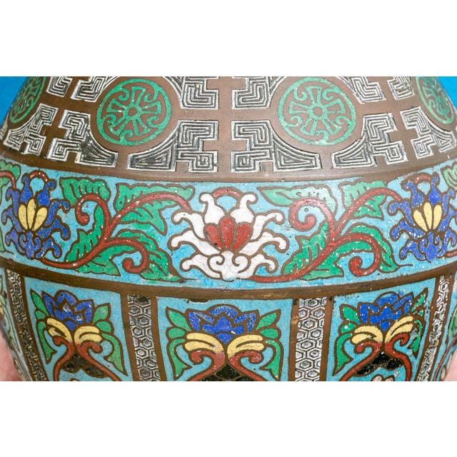 Japanese Antique Japanese Enamel-Over-Bronze Cloisonné Vase With Peacock Handles For Sale - Image 3 of 7