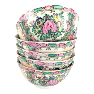 Vintage Chinese Famille Rose Medallion Rice Soup Bowls - Court Scene Canton- Set of 5 For Sale