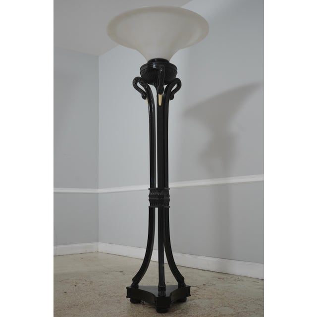 Age: Approx: 60 Years Old Details: Swan Carved Details Black Lacquer Finish Stunning Decorator Lamp Large Impressive Lamp...