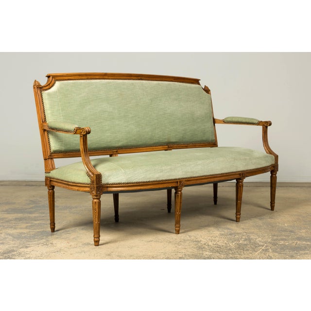 18th Century French Louis XVI Walnut Settee With Celadon Velvet For Sale - Image 15 of 18