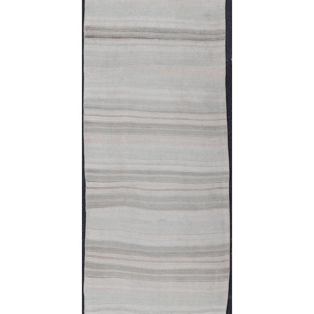 Tribal Vintage Turkish Kilim Runner With Soft Gray, Ivory, Sand, and Taupe Stripes For Sale - Image 3 of 11