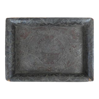 Antique 19th Century Hand Tooled Leather and Wood Tray For Sale