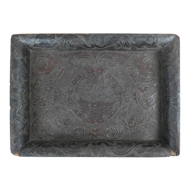 Antique 19th Century Hand Tooled Leather and Wood Tray For Sale