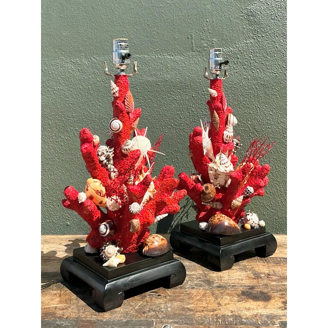Wood Vintage Shell Encrusted Faux Coral Lamps - A Pair For Sale - Image 7 of 12