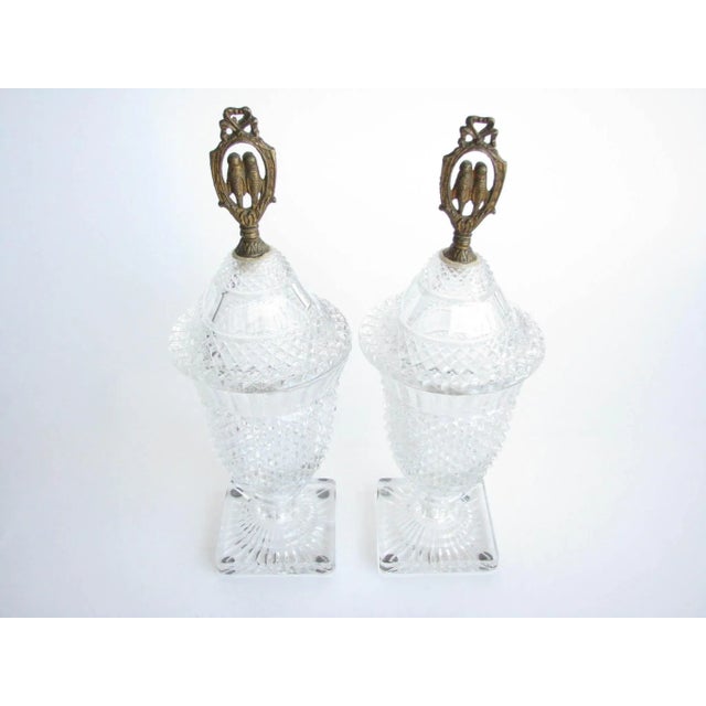 Victorian Antique Diamond Cut Glass Lidded Urns With Brass Love Bird Finials - a Pair For Sale - Image 3 of 13