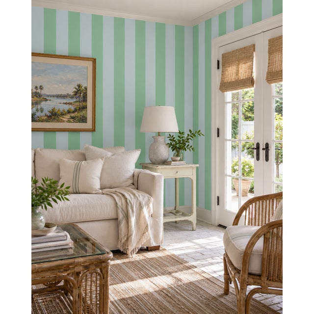 Modern Clubhouse Stripe Grasscloth Wallpaper by House Party | Wisteria Blue & Mint Julep | 6 Yards For Sale - Image 3 of 10