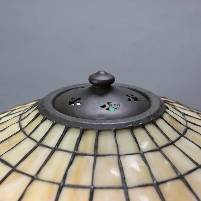 Antique Handel Bronze Table Lamp With Unique Floral Leaded Glass Shade C1930 For Sale - Image 4 of 4