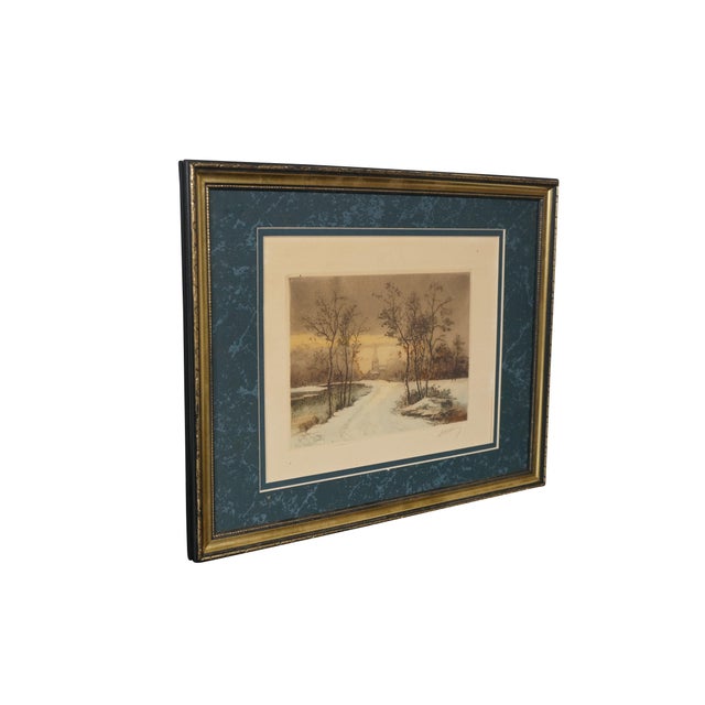 Antique etching featuring a quiet, snow-covered country path leading toward a village church. The piece features a frozen...