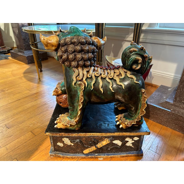 Ceramic Pair of 19th Century Chinese Foo Dogs on Stands For Sale - Image 7 of 10
