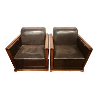 French Art Deco Leather Train Sleeper Club Chairs For Sale