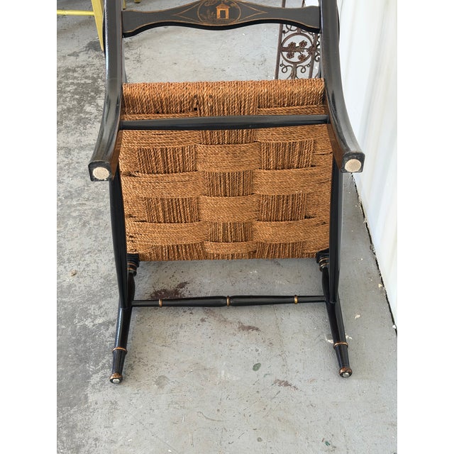 Black English Regency Style Crackle Finish Chinoiserie & Classical Stenciled Rush Seat Armchair For Sale - Image 8 of 12