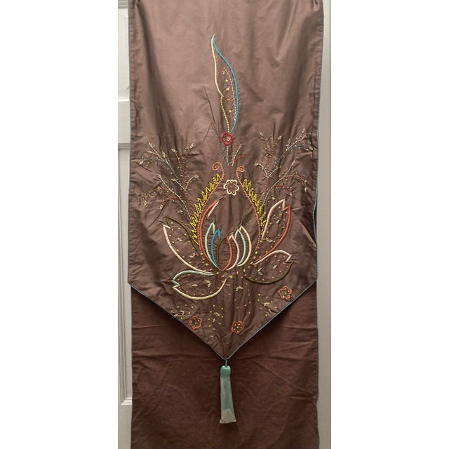 Sethi & Sethi Modern Lotus Flora Embroidered Silk Throw/Table Runner For Sale - Image 4 of 8