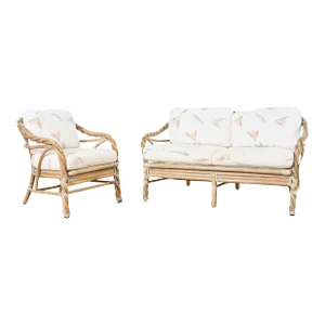 McGuire Cerused Twisted Rattan Settee and Lounge Chair