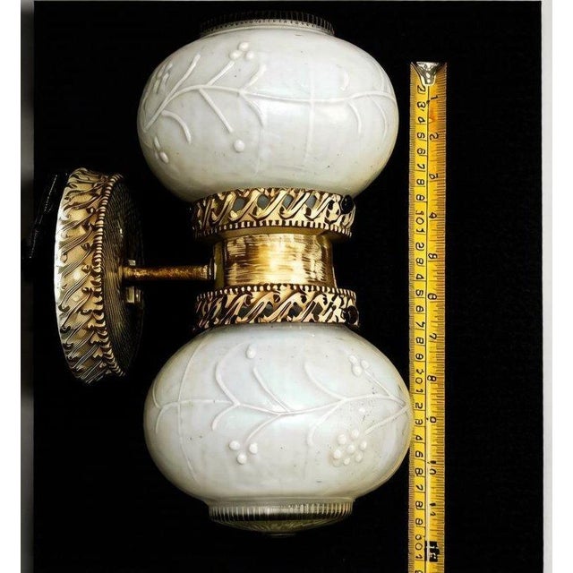Vintage Art Deco Double Wall Sconce Frosted Glass Brass Metal Floral For Sale - Image 4 of 6