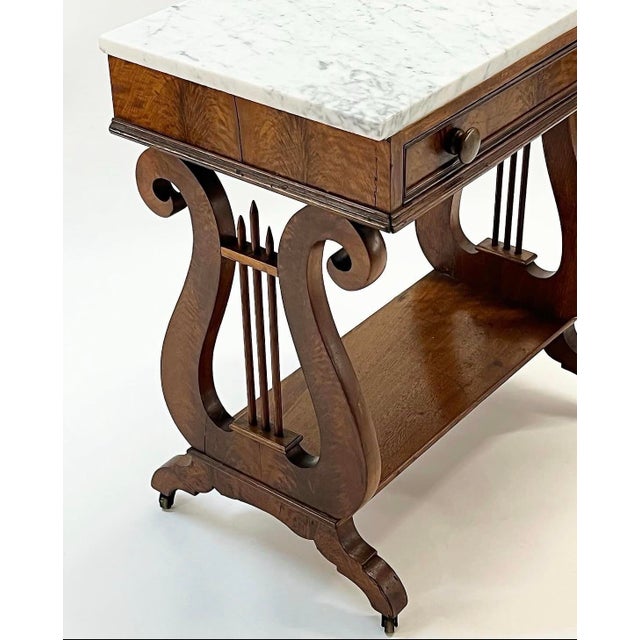 Brown Antique Marble Top Mahogany Lyre Table For Sale - Image 8 of 12