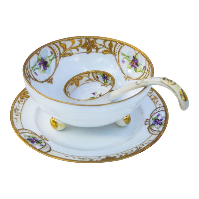 Mid 20th Century Hand-Painted Porcelain Gold Accents- 3 Pieces For Sale