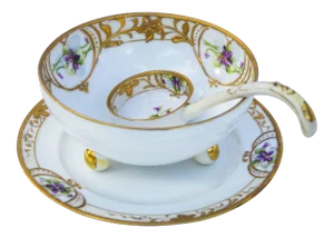 Mid 20th Century Hand-Painted Porcelain Gold Accents- 3 Pieces