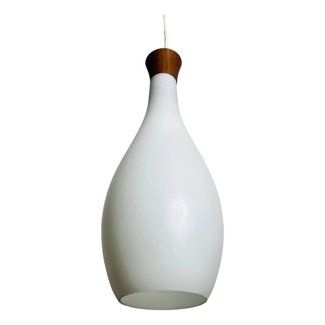 Teak and Opal Glass Pendant Lamp by Uno & Östen Kristiansson for Luxus Sweden For Sale