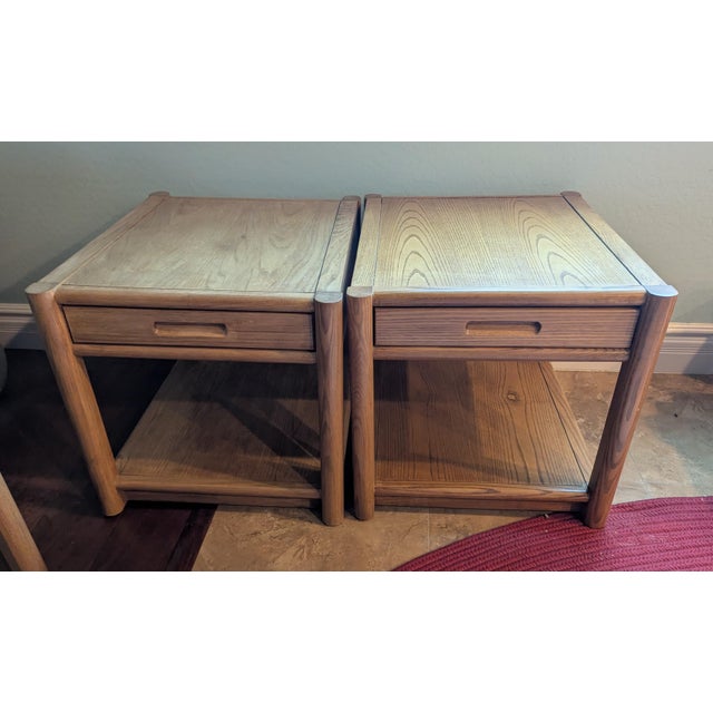 1980s Thomasville 4 Piece Light Oak Living Room Tables: 2 End Tables, Sofa Console Table and Square Glass Coffee Table For Sale - Image 9 of 13
