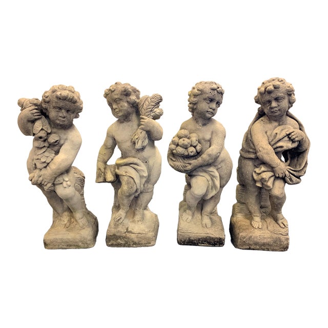 Mid 19th Century Vintage Four Seasons Cherubs Cast Stone Garden Statues