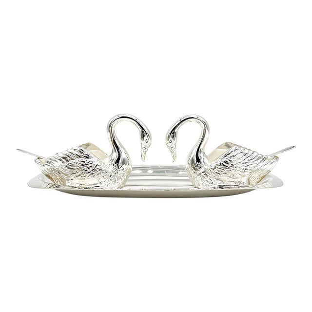 Mid 20th Century Venetian Italian Silver Plated Swan Salt Cellars With Tray & Spoons — Hollywood Regency, Mid-Century Silverplate - Set of 6 For Sale