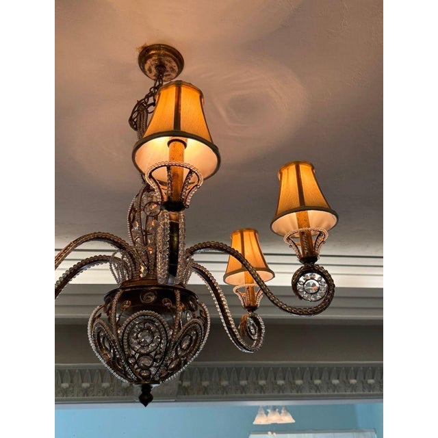Vintage 1960s Regency Six Arm Chandelier With Gilt Iron and Crystal Beads For Sale - Image 4 of 13