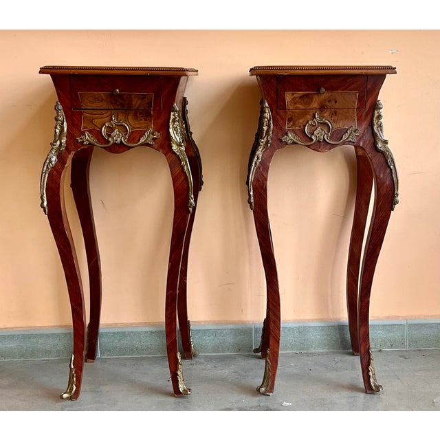 French French Classic Louis XV Style Marquetry Nightstands With Drawer, 1910 For Sale - Image 3 of 11