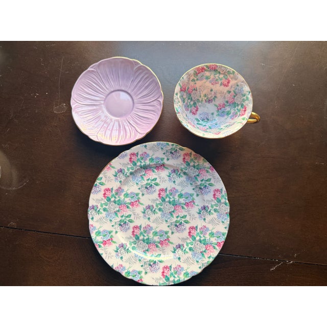Shelley 1950s Shelley English Bone China "Oleander" Shape Floral Chintz Teacup Trio - 3 Pieces For Sale - Image 4 of 6