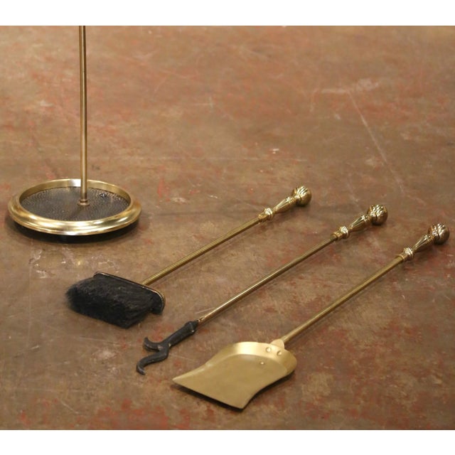 Mid 20th Century Mid-Century French Brass and Iron Four-Piece Fireplace Tool Set on Stand For Sale - Image 5 of 9