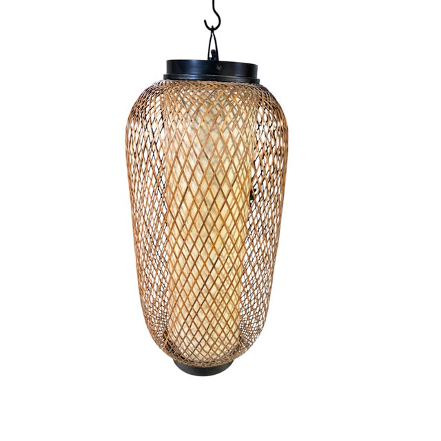 Japanese Vintage Japanese Burnt Bamboo Floor Lamp With Lattice Frame 22" H For Sale - Image 3 of 8