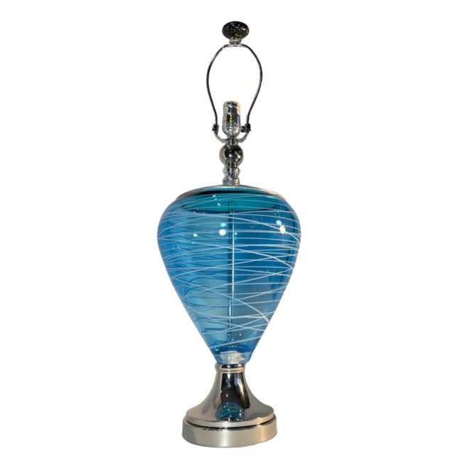 Metal Art Glass Aqua Blue White Swirl Table Lamp For Sale - Image 7 of 18