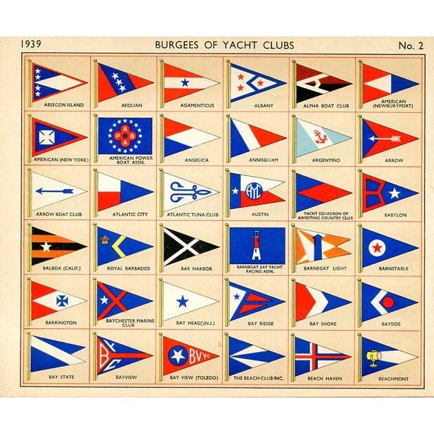 Original sailing lithograph featuring American yachting club flags from a 1930s guide to yachts and their owners. The...