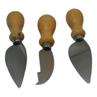 Vintage Professional 3 Pc Large Cheese Knife Set Boni Italy Stainless Steel & Beechwood For Sale