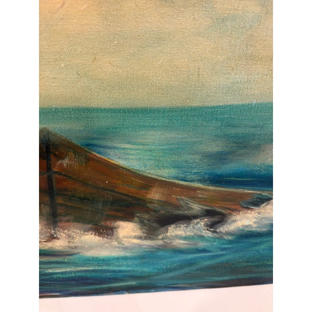 Early 20th Century Vintage Moody Coastal Seascape Oil Painting With Dory in Rough Seas Ocean For Sale - Image 5 of 14