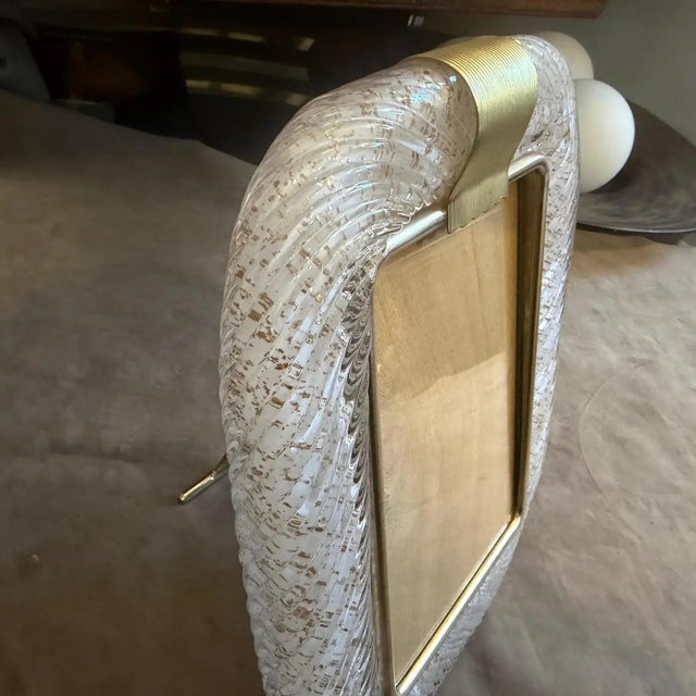 Metal 1990s Barovier Style Art Deco White and Gold Murano Glass Picture Frame For Sale - Image 7 of 12
