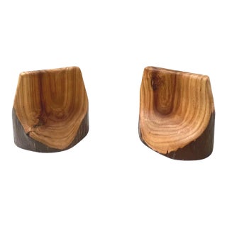 Vintage Mid Century Modern 1960s Primitive Acacia Wood Tree Brass Bookends- Set of 2 For Sale