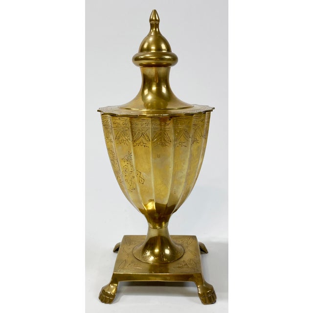 Vintage Neo-Classical Style Lidded Etched Brass Urn For Sale - Image 4 of 8
