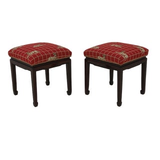 Pair Chinese Chippendale Dog Print Upholstered Ottomans or Stools For Sale