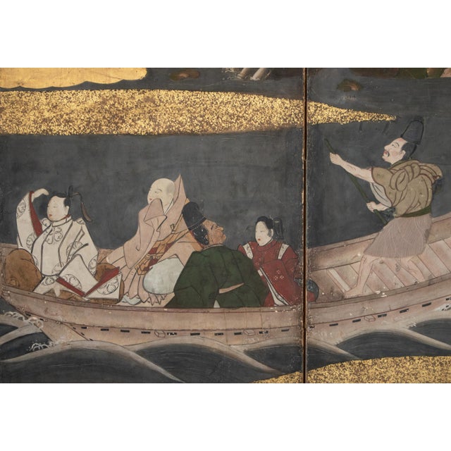 Late 19th Century Large Late Edo to Early Meiji Japanese 6-Panel Gold Leaf Byobu Screen With a Boat For Sale - Image 5 of 18