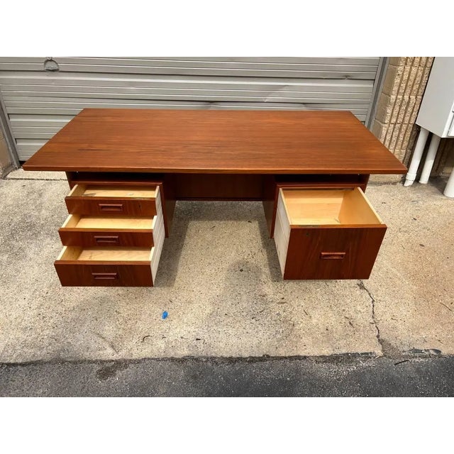 Wood Mid Century Modern Floating Top Teak Desk With Key For Sale - Image 7 of 12