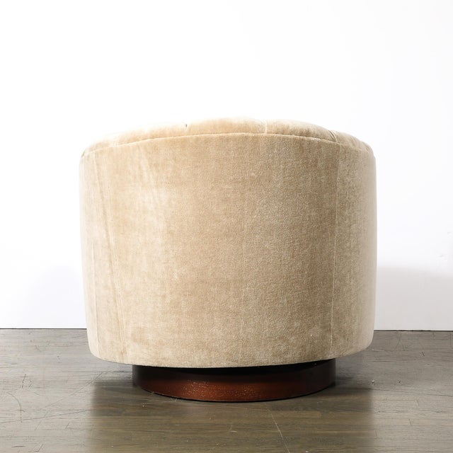 Wood Pair of Mid-Century Biscuit Tufted Mohair Swivel Chairs Signed Milo Baughman For Sale - Image 7 of 12