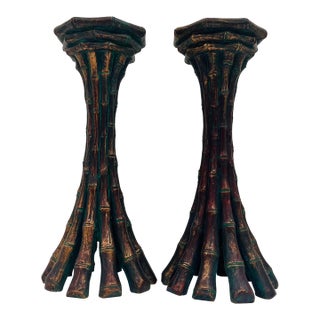 Vintage Faux Bamboo Bronze Metal Pillar Candleholders 12"h - A Pair For Sale