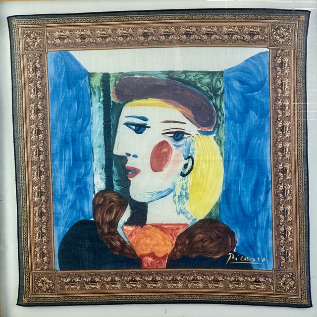 Late 20th Century Vintage Framed Picasso Silk Scarf in Gilt Frame of Femme Au Beret, 20th Century For Sale - Image 5 of 7
