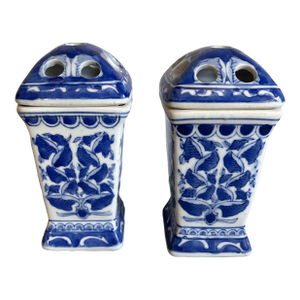 1990s Bombay Company Blue & White Porcelain Flower Floral Frog Vases - A Pair