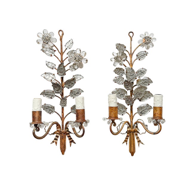 Maison Baguès Early 20th Century Maison Baguès Crystal Mirrored Floral Two-Light Wall Sconces - a Pair For Sale - Image 4 of 9