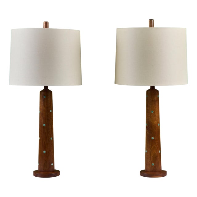 Pair of Gordon & Jane Martz Wood Table Lamps with Tile Inlay For Sale