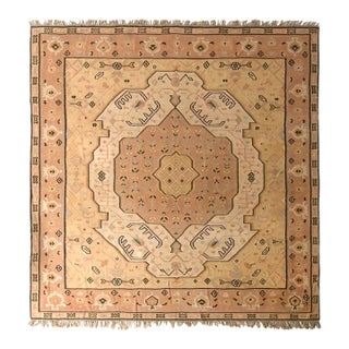 Vintage Midcentury Kilim Rug Pink and Beige Brown Medallion Pattern For Sale