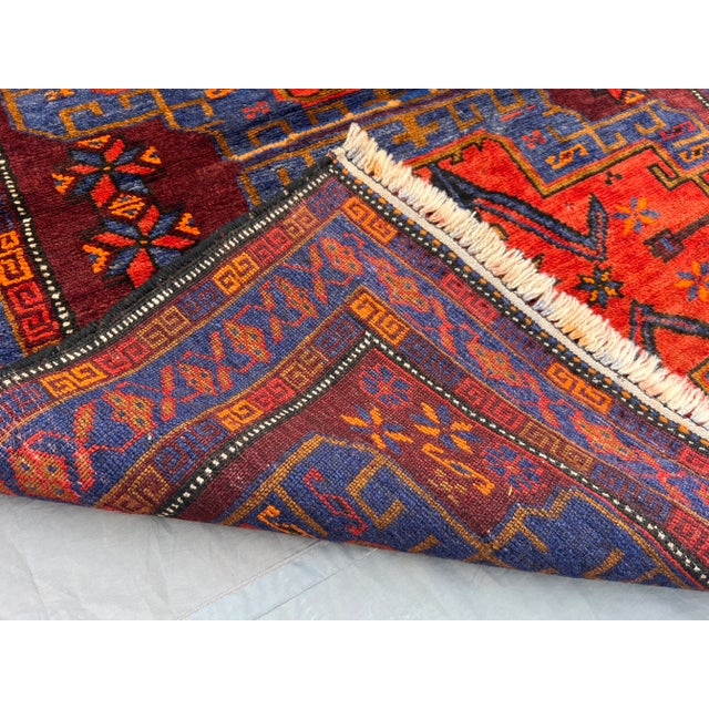 2'10 X 3'10 Ft Vintage Afghan Hand-Knotted Tribal Rug Red Blue Geometric Pattern Rug For Sale - Image 12 of 12
