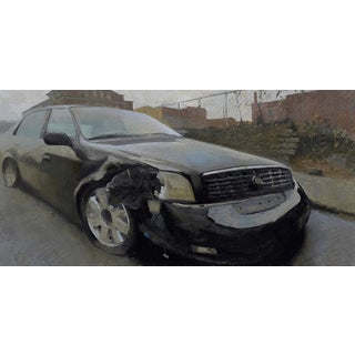 Camp Washington Caddy by Brad Davis | Oil on wood panel Black car with damage parked on street For Sale